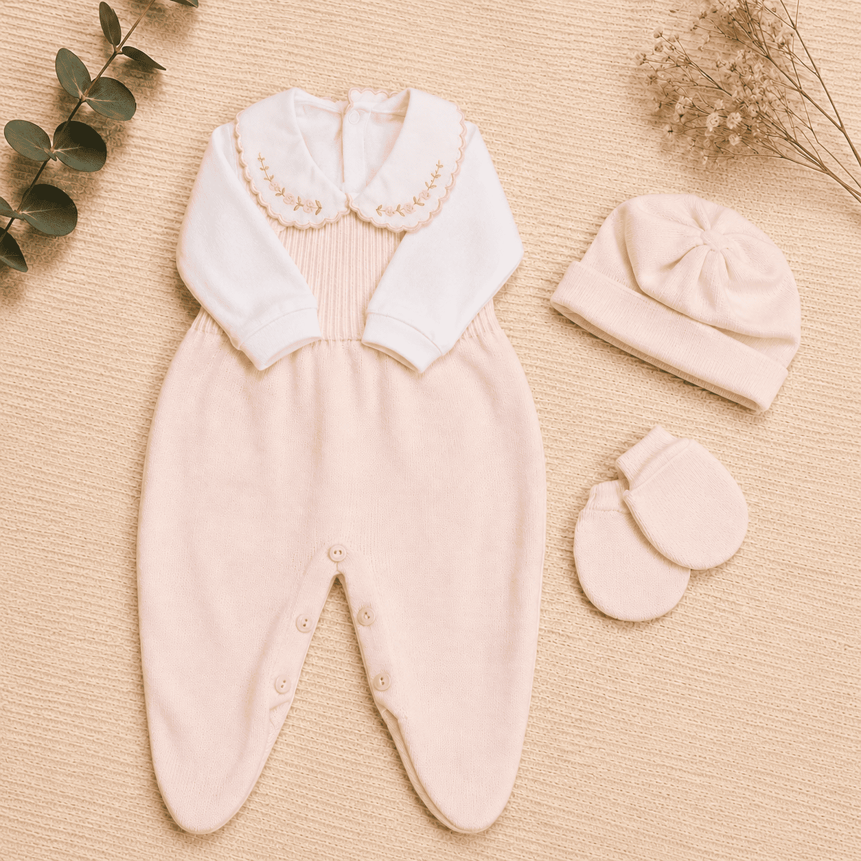 Conjunto Jardineira, Body, Luva e Touca - Feminino