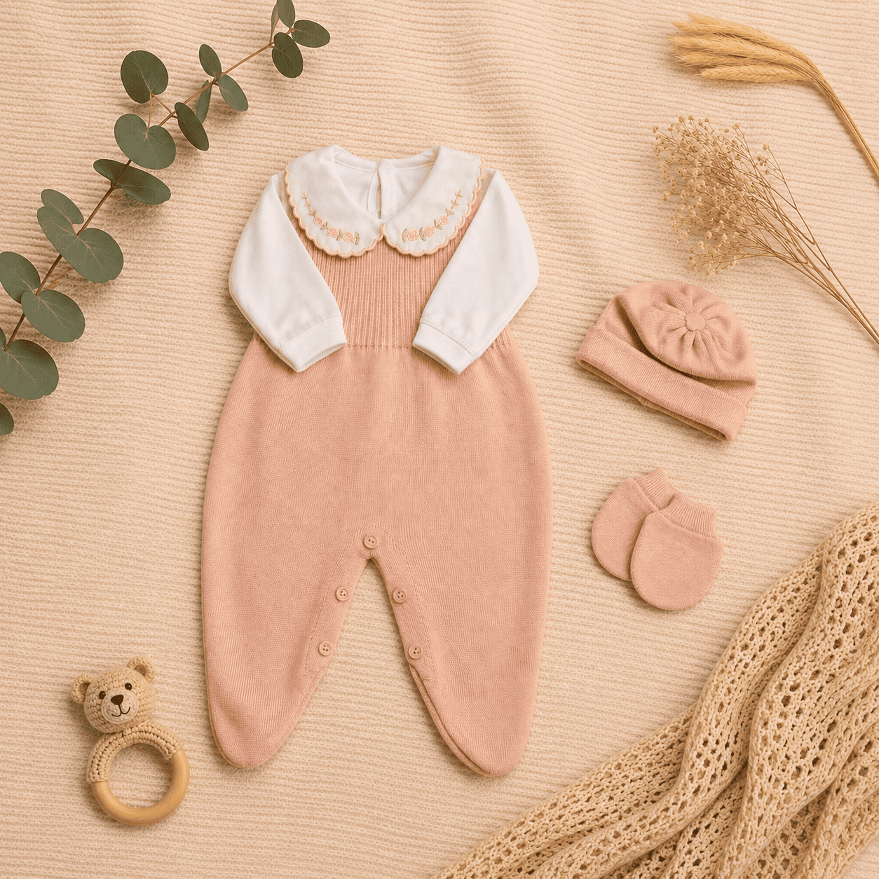 Conjunto Jardineira, Body, Luva e Touca - Feminino